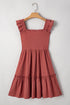 Geometric Embroidered Smocked Bodice Ruffle Strap Tiered A Line Mini Dress